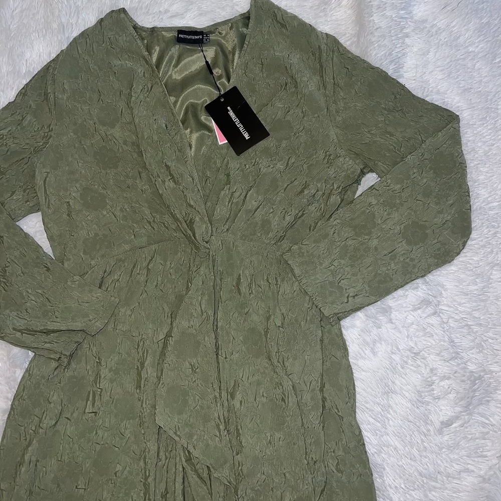 NWT Pretty Little Thing Olive Green Textured Wrap Dress size 14